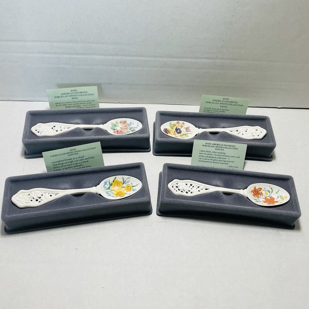 Vintage Avon Porcelain Spoons -Set of 4 - Floral In Original Boxes 3 W Cards